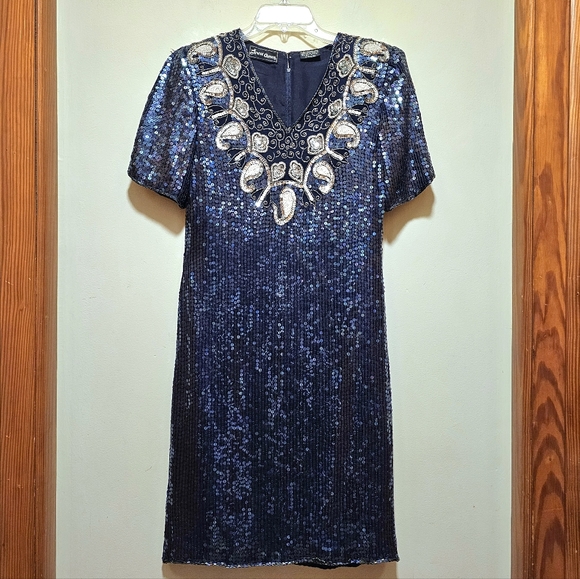 Vintage Silk Sequinned Blue Iridescent Cocktail Dress - Picture 2 of 11